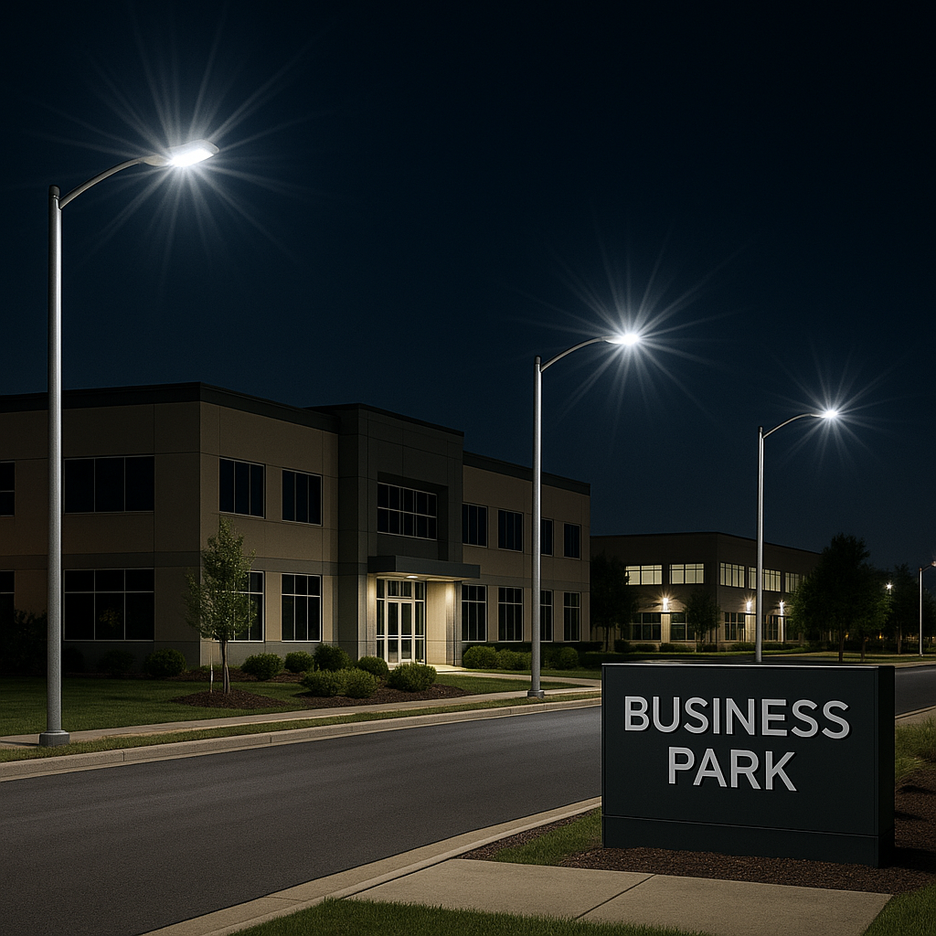 Business Park LED lighting retrofit at night